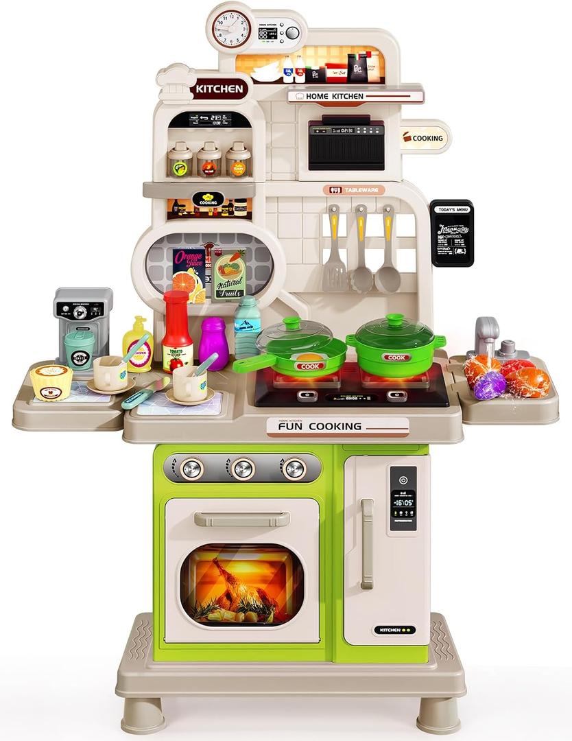 Kids Kitchen Playset, Toddler Play Kitchen Set Toys with Sound & Light, Cooking Stove, Play Sink, Play Food Kitchen Accessories, Pretend Kitchen Toy for Kids Toddlers Girls (Green)