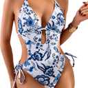 OYOANGLE Women's Floral Print Halter Neck One Piece Swimsuits Cut Out tie Backless Bathing Suit Beach Monokini Blue White Small