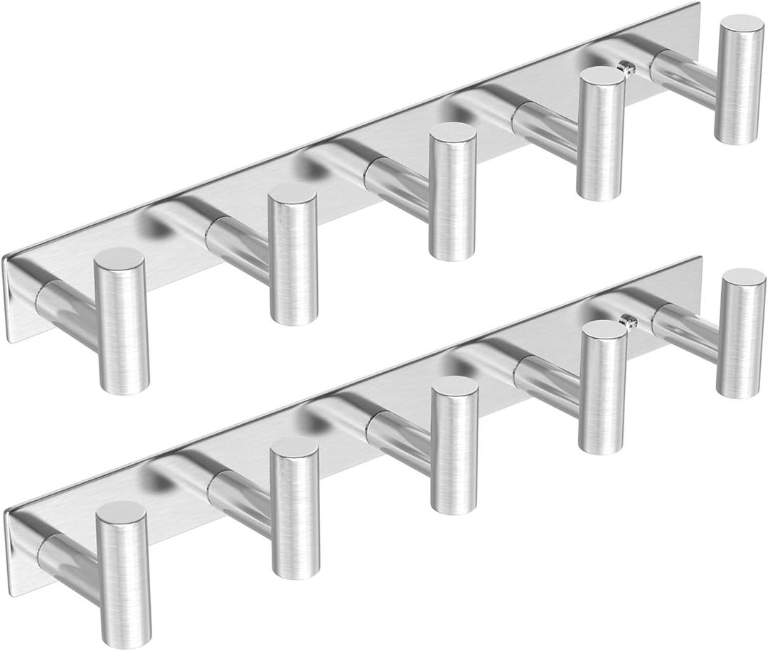 HUFEEOH Coat Hooks Wall Mount, 2 Pack T Shaped 5 Hooks Stainless Steel Wall Hooks Silver Towel Rack for Hanging, Heavy Duty Key Holder Hat Rack Used for Bathroom Silver