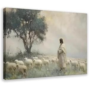 Jesus Standing With Sheep Under Tree Canvas Art | Framed or unframed canvas wall art of Jesus in a white robe standing with a flock of sheep under a large green tree