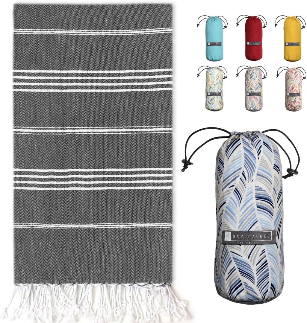 BAY LAUREL Turkish Beach Towel with Travel Bag 39 x 71 Quick Dry Sand Free Lightweight Large Oversized Towels Light (Black With Blue Floral Bag)