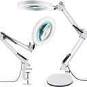 LANCOSC 2-in-1 Magnifying Glass with Light and Stand, 5X Real Glass Lens 3 Color Modes Stepless Dimmable, Adjustable LED Lighted Magnifier Desk Lamp with Clamp for Reading, Crafts, Close Works - White