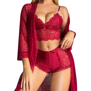 RSLOVE Women Sexy Lingerie Set - 3 Piece Lace Bra and Panty Sets with Mesh Kimono Robe Nightgown Sleepwear (XX-Large, Red)