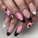 24 Pcs Cute Press on Nails Medium Almond Fake Nails French False Nails with Star Design Stiletto Nail Tips Glossy Glue on Nail Full Cover Stick on Nails for Women Girls Nails Supplies