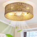 Fandelier Ceiling Fan with Light, 20 Inch Rattan Fans Remote Control Boho CagedHandwovenFlush Mount Low Profile 6 Speeds for Bedroom, Living Room, Dining Room Yoga Room