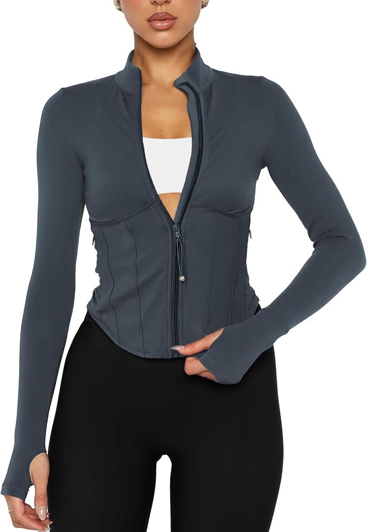 Waitfairy Workout Jackets for Woman Slim Fit Cropped Athletic Jacket Women Lightweight Zip Up Jacket for Yoga Gym Running (Medium, Charcoal Blue)