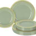 Whaline 50Pcs Sage Green Plastic Plates Gold Foil Bordered Disposable Plates Decorative Dinner Dessert Plate for Bridal Shower Wedding Party Supplies Table Decor