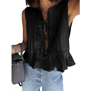 Cicy Bell Womens Bow Front Tie Tank Tops Pleated Babydoll Top Sleeveless Cute Coquette Shirt Summer Outfits (Small, Black)