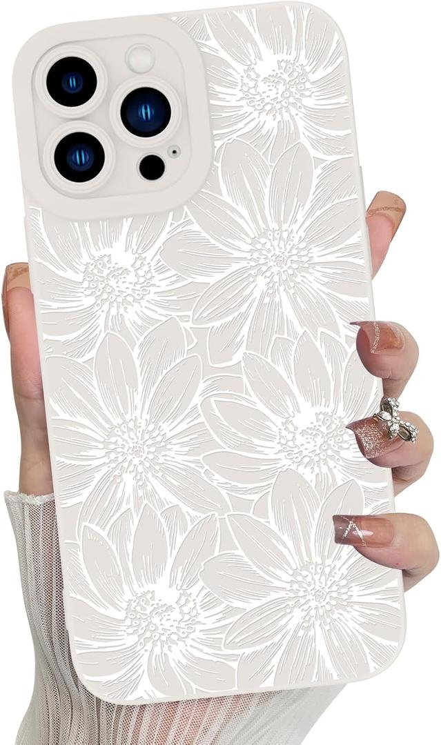 MZELQ for iPhone 15 Plus Case, Silicone Floral Flowers Sunflowers Cute Pattern, Camera Protection Soft Slim Phone Cover for Girls Women -White