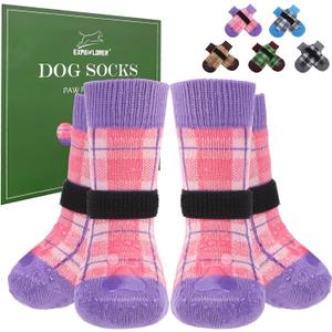 EXPAWLORER Dog Socks for Hardwood Floors, Dog Shoes for Winter, Dog Booties for Cold Pavement to Prevent Licking, Paw Protectors Strong Traction Control for Small Medium Large Dogs,Pink Purple L