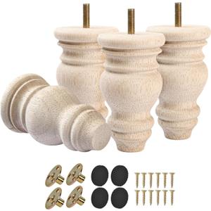 5 inch / 12cm Wooden Furniture Legs, Tchosuz Pack of 4 Unfinished Solid Wood Turned DIY Replacement Bun Feet with M8 Hanger Bolts & T-Nuts or Sofa Couch Cabinet Recliner Ottoman Riser