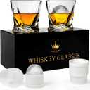 Crystal Whiskey Glasses Set of 2 with Ice Ball Molds, 11 Oz Old Fashioned Glasses Packaged in Giftable Box, Twisted Style Bourbon Glasses Gifts for Men, Stylish Whiskey Glasses Set