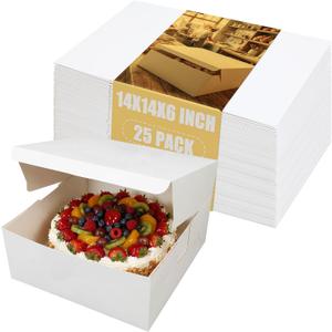 25 Pcs 14 x 14 x 6 Inch White Cake Boxes, Disposable Cardboard Bakery Boxes Takeout Easy Fold Cake Containers for Packaging Cakes, Pies, Pastries, Cookies & Cupcakes