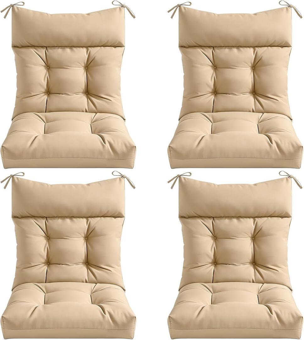 4 Pcs Outdoor Patio Chair Cushions, Thick Seat Pads for Garden Furniture, Waterproof Non Slip Chair Cushions with Ties, Replacement Cushion Set for Porch, Yard, Balcony-Brown, 42*21*4in