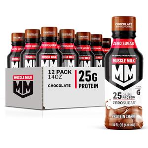 Muscle Milk Genuine Protein Shake, Chocolate, 14 Fl Oz Bottle, 12 Pack, 25g Protein, Zero Sugar, Calcium, Vitamins A, C & D, 6g Fiber, Energizing Snack, Workout Recovery, (BBD 11/15/26)