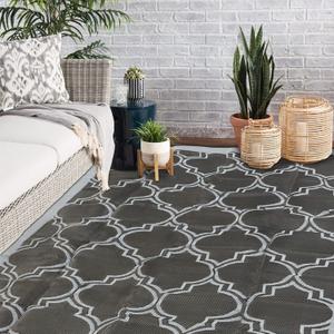 SAND MINE Reversible Mats, Plastic Straw Rug, Modern Area Rug, Large Floor Mat and Rug for Outdoors, RV, Patio, Backyard, Deck, Picnic, Beach, Trailer, Camping (9' x 12', Black Quatrefoil) (9' x 12' (Rectangular), Black & Grey Quatrefoil)