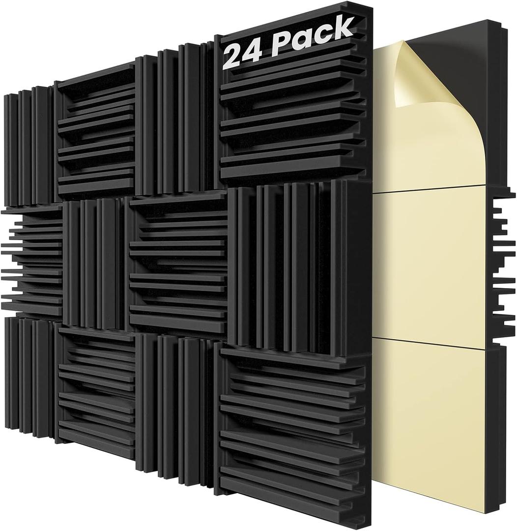 24 Pack Self-Adhesive Sound Proof Foam Panels,12 X 12 X 2 inches Acoustic Foam,High Resilience Sound Proofing Padding for Wall,Sound Absorbing Panels Suitable for Home Studios, Offices - Black