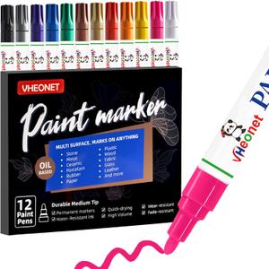 Premium Oil Based Paint Pens 12 Colors, Professional Permanent & Waterproof Markers, Medium Tip, Quick-Dry for Metal, Rock Painting, Glass, Ceramic, Wood, Plastic, Fabric, Mugs & Art Craft Projects