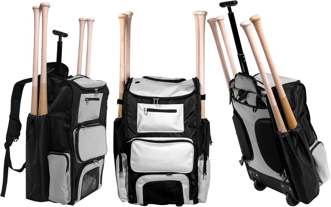 Catchers Gear Bag with Wheels - Elite Rolling Baseball Bag & Softball Bag, Spacious Catchers Bag with Shoe Compartment, Bat Sleeves, Telescopic Handle & Backpack Straps for Game-Ready Players