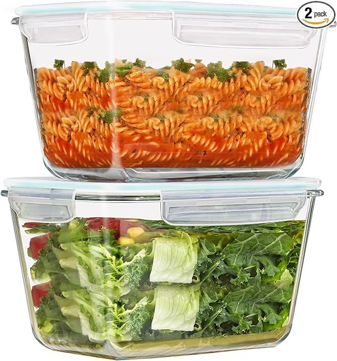 GRZJOPP 88Oz 2 Pcs Large Glass Food Storage Containers Family Size Set Baking Containers with Locking Lids Storing food, BPA Free Leak Proof Microwave Oven Safe