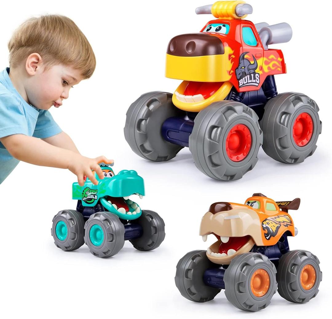 Toy Cars for 1 2 3 Year Old 3 Pack Monster Truck Toys Crocodile Bull Leopard Pull Back Car Big Wheel Animal Toy Trucks for Toddler 1-3 Baby Toys 12 18 Months Boy Girl Toddler Toy for 1 Year Old Gift