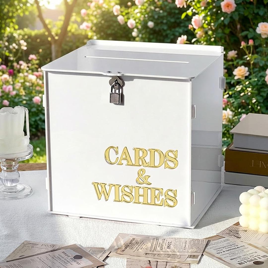 AerWo White Wedding Card Box with Lock, Acrylic Gift Card Box for Party with 3D Letters, Large Wedding Card Boxes for Reception, Elegant Wedding Memory Box Money Box for Graduation Birthday Engagement