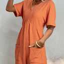 AlvaQ Rompers for Women Solid Color Casual Short Sleeve V Neck Zipper Short Jumpsuits with Pockets (XXL)