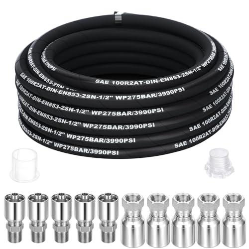 Frienda Hydraulic Hose 1/2" x 50 ft with 10 Pcs JIC 37° Female & NPF Male Hydraulic Hose Fittings – 4800 Psi Rated Tensile Steel Wire Braid for Industrial Construction Agricultural