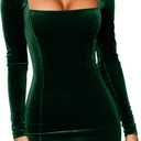 GOBLES Womens Sexy Velvet Long Sleeve Bodycon Elegant Mini Party Dress (Small, Dark Green)