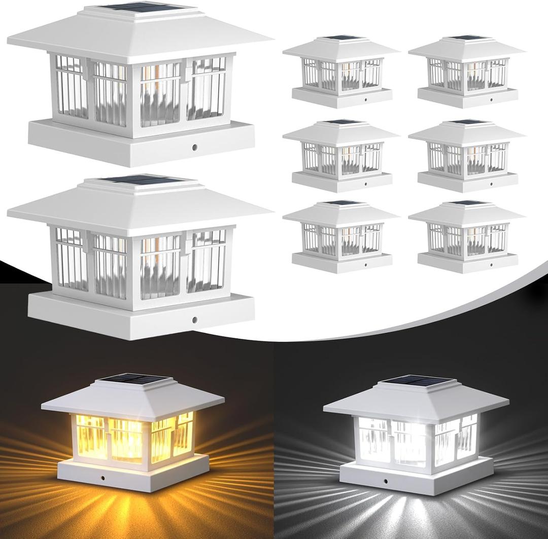 EXCMARK 4x4 Solar Post Cap Lights, 8 Pack Fence Deck Post Lights Outdoor Solar Powered Waterproof with Two Light Modes Warm&Cool White for Garden Patio Decor. (Classic White, 8)