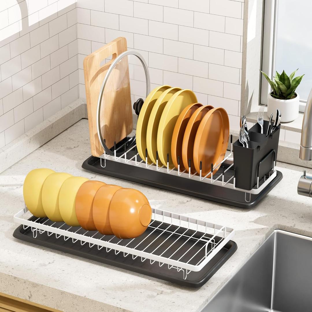 MISSLO Small Dish Drying Rack Space-Saving Dish Drainers for Kitchen Counter with Cutlery Holder Sink Drying Rack 2 Packs Dishracks On Counter with Drainboard, White
