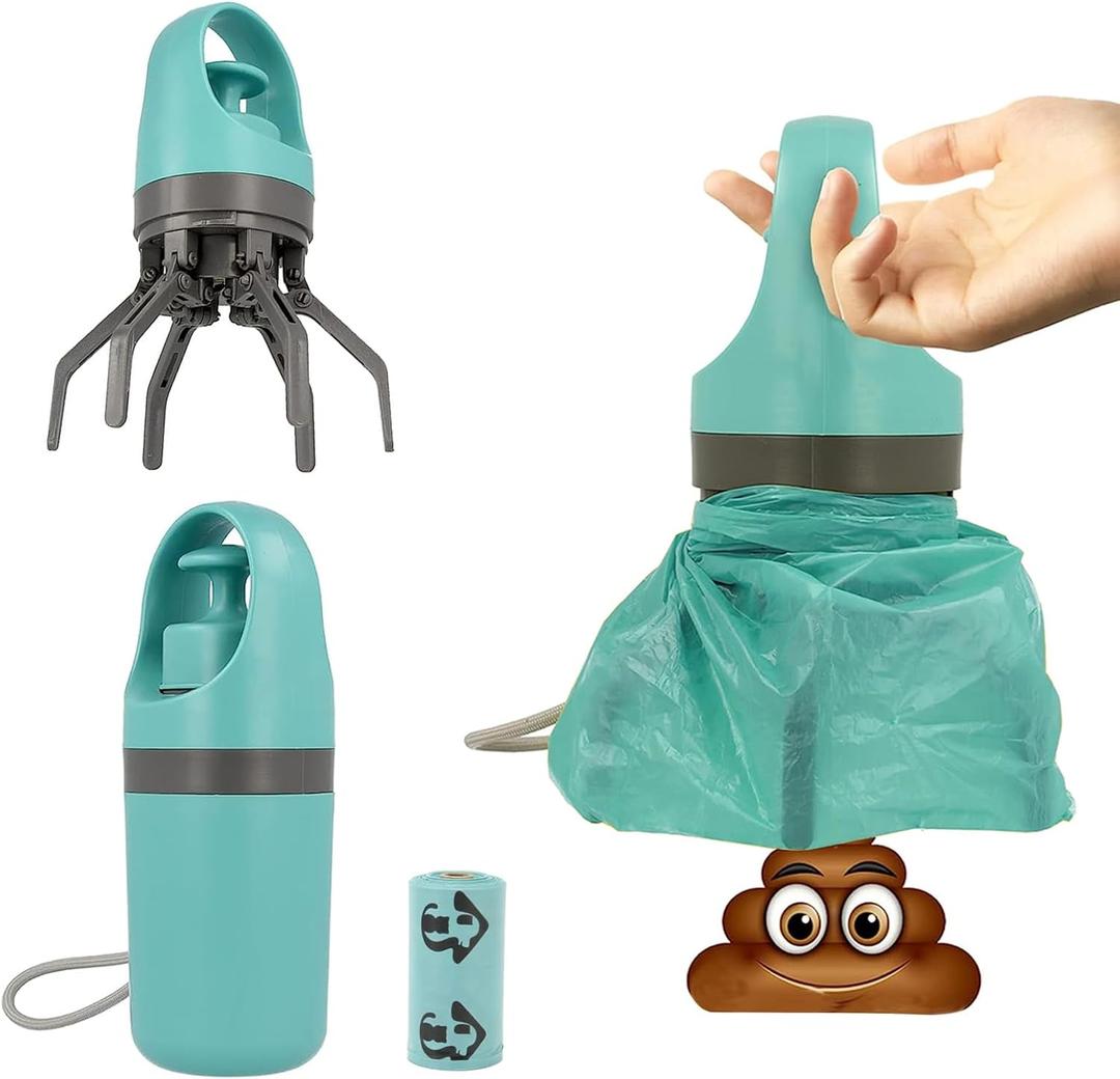 Dog Pooper Scooper, Portable No Touch Poop Scooper for Dogs, Dog Waste Pick-up Cleaner with 15PCS Bag Attachment and Leak-Proof Waste Storage Container, Blue