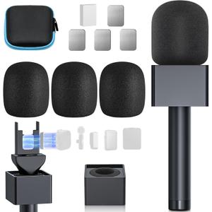 Handheld Adaptor for Interview Mic, Mic Handle Compatible with DJI, Rode and All Lav Microphone, Wireless Microphone Handle, Mic Holder with 3 Pop Filter and Flag Station for Vlogging, Reports