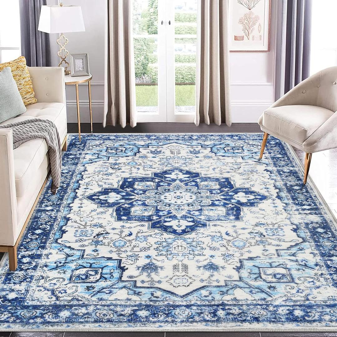 GlowSol Area Rug 5x7 Vintage Machine Washable Rug Non-Slip Rugs for Living Room Bedroom Kitchen Dining Room Laundry, Non-Shedding Indoor Floor Rugs Carpet Low-Pile Home Decor (Blue)