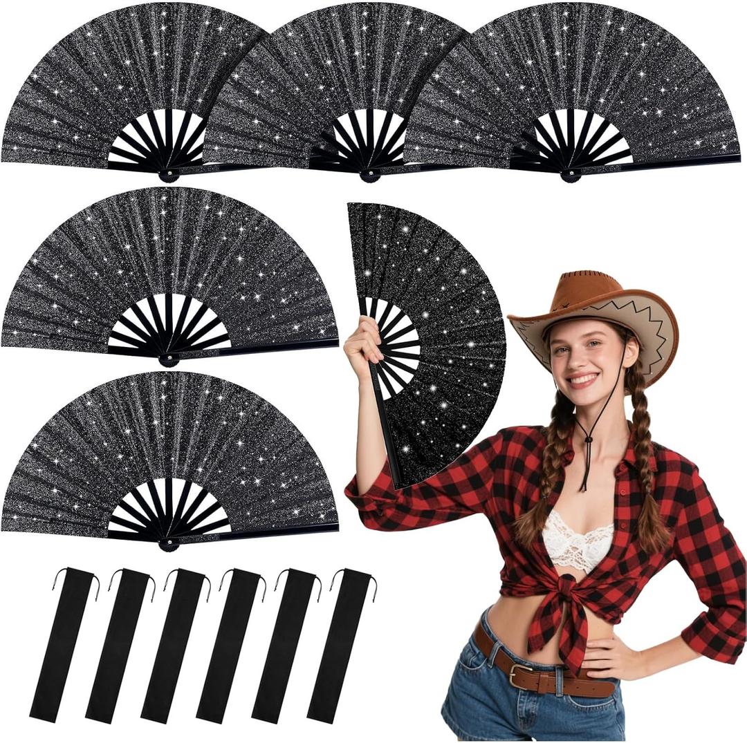 6PCS Glitter Rave Fan,13in Large Folding Hand Rave Fan with 6 Fabric Case Bags, Clack Fans for Line Dancing,Music Festivals,Disco,Glow Party.(Glitter Black)