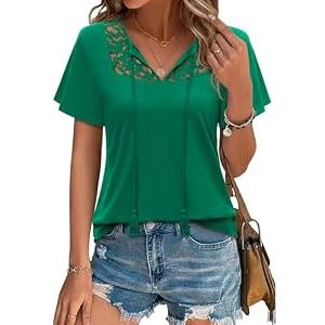 Uhiger Green Tops for Women Tunic Boho Tops Short Sleeve Lace Blouses V Neck Flowy Shirts Tie Front Chic Outfits Casual Clothes L