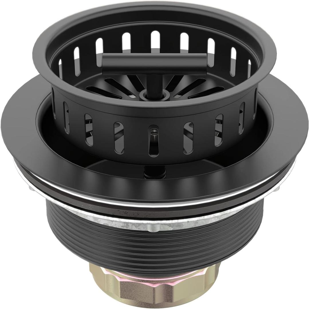 BOTEMY B9171 Black Kitchen Sink Drain Kit 3 1/2 Strainer With Stainless Steel Stopper Assembly Basket Fit Standard Drain Hole