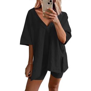 Ekouaer Women's Pajamas 2 Piece Lounge Sets Oversized V Neck T-Shirts Tops Biker Shorts Set Workout Reversible Tracksuit S-XXL (Black)