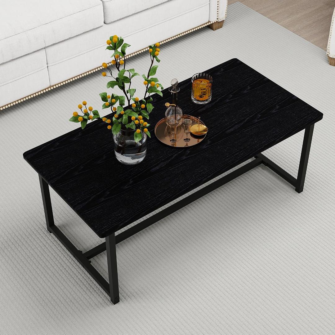 35.4" Rectangular Coffee Table for Living Room, Modern Industrial Style Coffee Table Center Table with Metal Frame for Small Space, Apartment, Office, Easy Assembly, Black, 17.7" x 35.4" x 16.5"