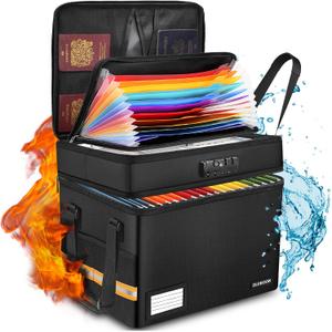 Fireproof Document Box with 13 Pockets Accordian File Organizer, Water-Resistant File Organizer Box with Lock, Collapsible File Storage Cabinet for Hanging Letter/Legal Folder, Black (two layers)