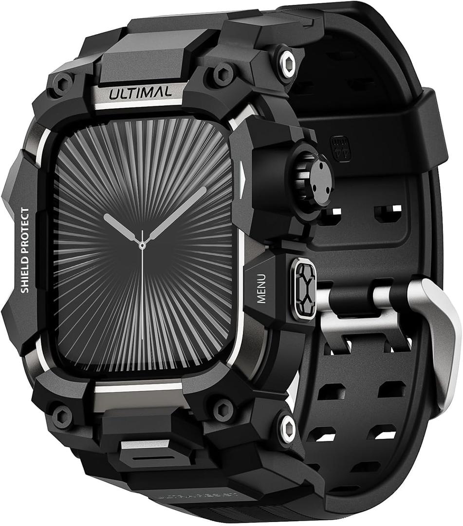 ULTIMAL Rugged Case with Band for Apple Watch 46mm,Compatible with Apple Watch Series 11/10, Military Grade Shockproof Bumper Cover for iWatch Tactical Band Men (Black, 46mm)