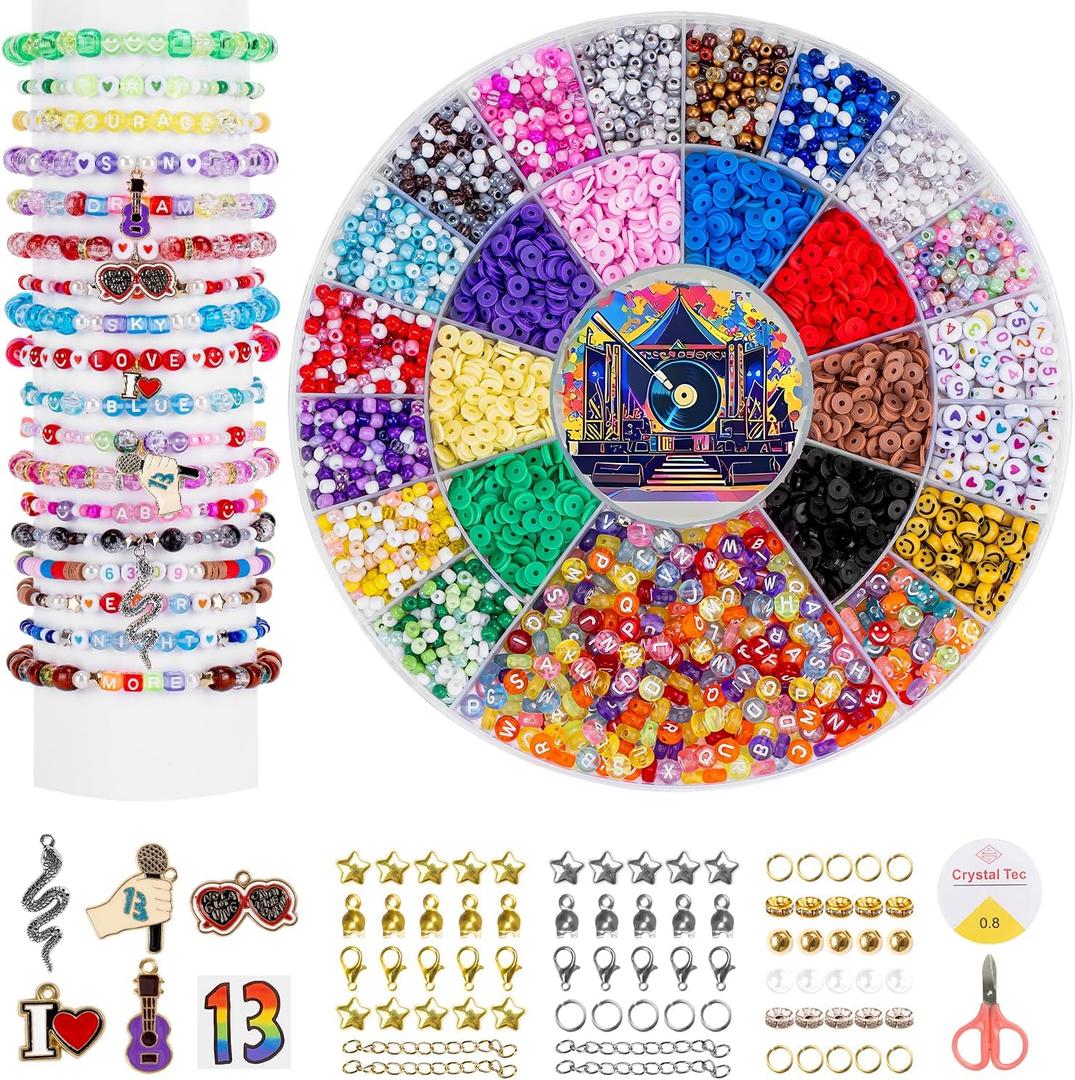 DreGlam TS Bracelet Making Kit with 12 Colors Mixed Color Seed Beads, Clay Beads, Letter, Smile, Heart & Number Beads, Charms for Jewelry Making Crafts Gifts