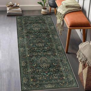 2x6 Floral Washable Area Rug Soft Runner Rugs for Living Room, Vintage Boho Hallway Rug for Bedroom Dining Room, Distressed Botanical Birds Non Slip Low Pile Animal Throw Carpet for Office, Dark Green