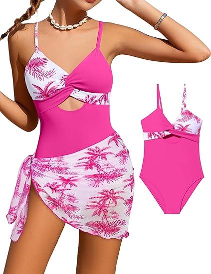 Girls'Swimwear One Piece Kids Swimsuits for Girls Tropical Twist Cross Bathing Suits with Cover Up Skirt, 15/16 Y
