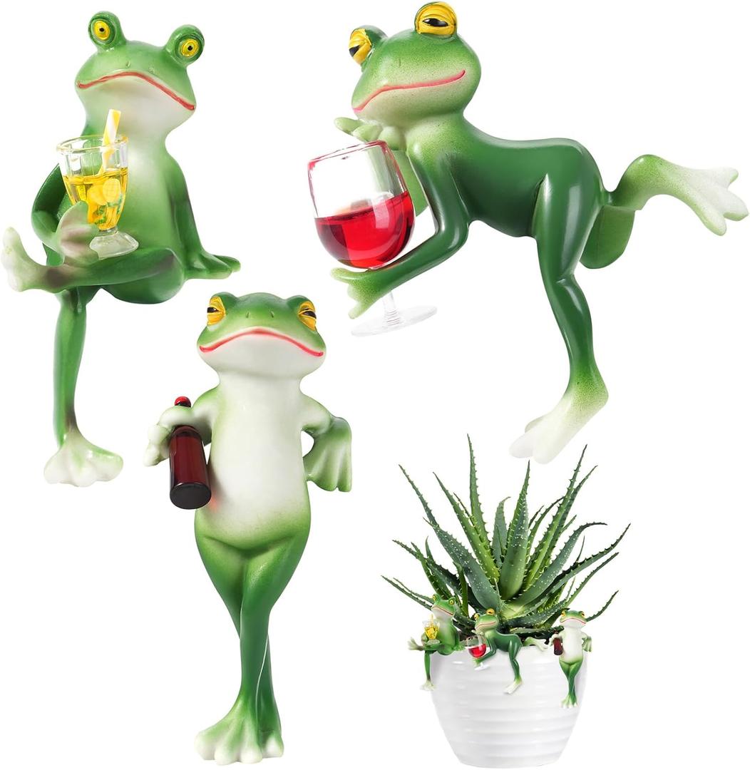 3 Pcs Tipsy Frog Garden Decor, Tipsy Frog Pot Hugger for Garden Outdoor Decors, Resin Frogs Decor Flower Pot Decoration for Home Gardens Fence Patio Yard DIY Fairy Garden Accessories