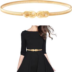TIESOME Elastic Skinny Waist Belt for Women, Gold Thin Elastic Chain Belt with Metal Buckle for Dresses Ladies Dress Waist Band