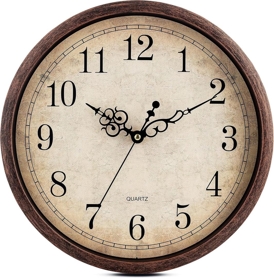 Bernhard Products Vintage Brown Wall Clock Silent Non Ticking 12 Inch Quality Quartz Battery Operated Round Decorative Easy to Read for Home Kitchen Living/Dining Room Bedroom Office Classroom School