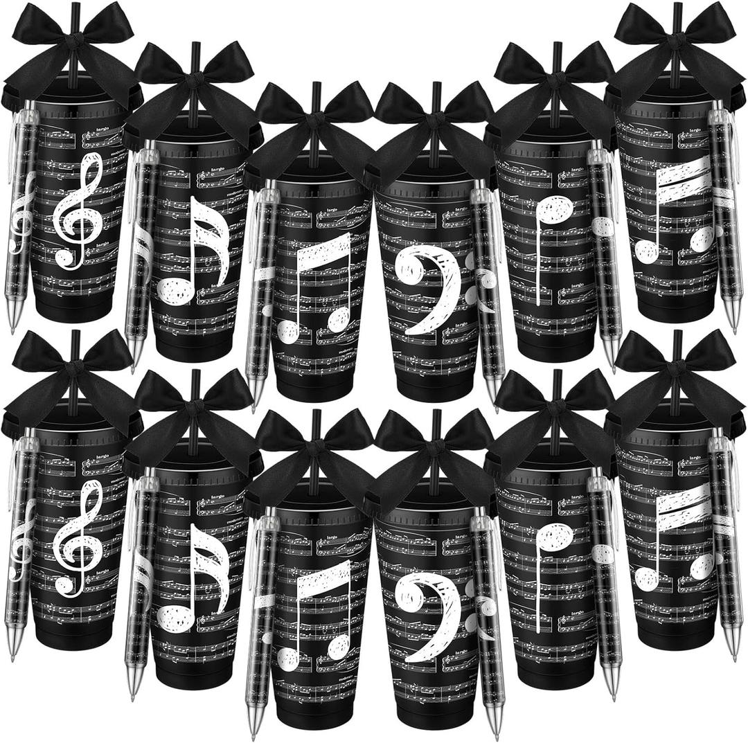 Skylety 12 Sets Musical Note Tumbler Cups Bulk 24 oz Valentine Gifts Music Themed Reusable Note Plastic Tumbler With Straw And Lid Ballpoint, Black