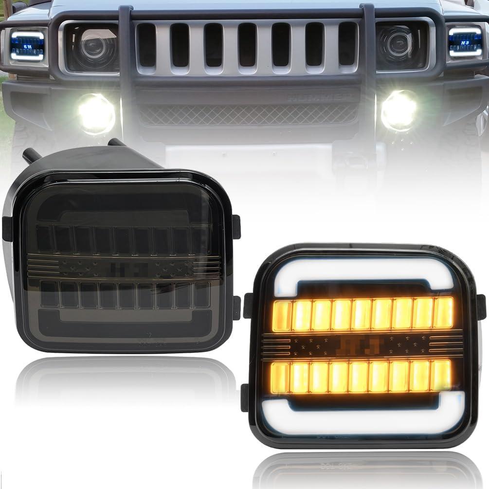 NJSBYL Amber LED Turn Signal Lights For Hummer H3 H3T 2006 2007 2008 2009 2010 Front Corner White Fog DRL Running Position Parking Lamps Side Marker Light Assembly Smoked Lens 15139187 15139188