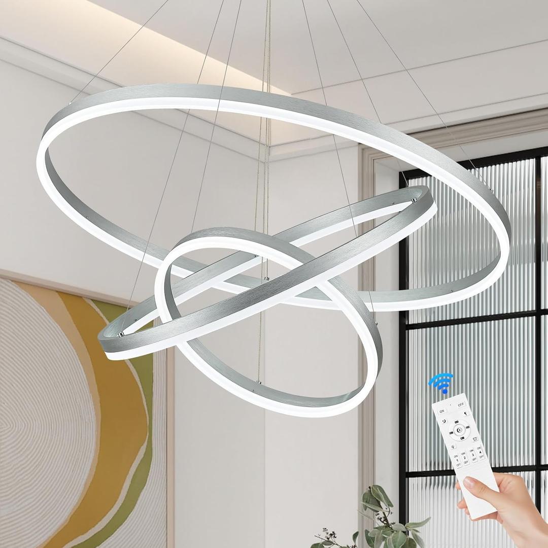 D31.5 3 Rings Modern LED Chandelier Silver Dimmable LED Pendant Light with Remote Control Circular Flush Mount High Ceiling Light for Dining Room Living Room Bedroom Foyer (3000K-6500K, H71)